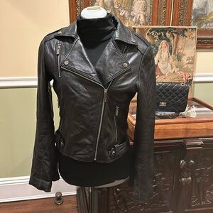 Leather Moto Motorcycle Jacket Size S Black Silver Zippers